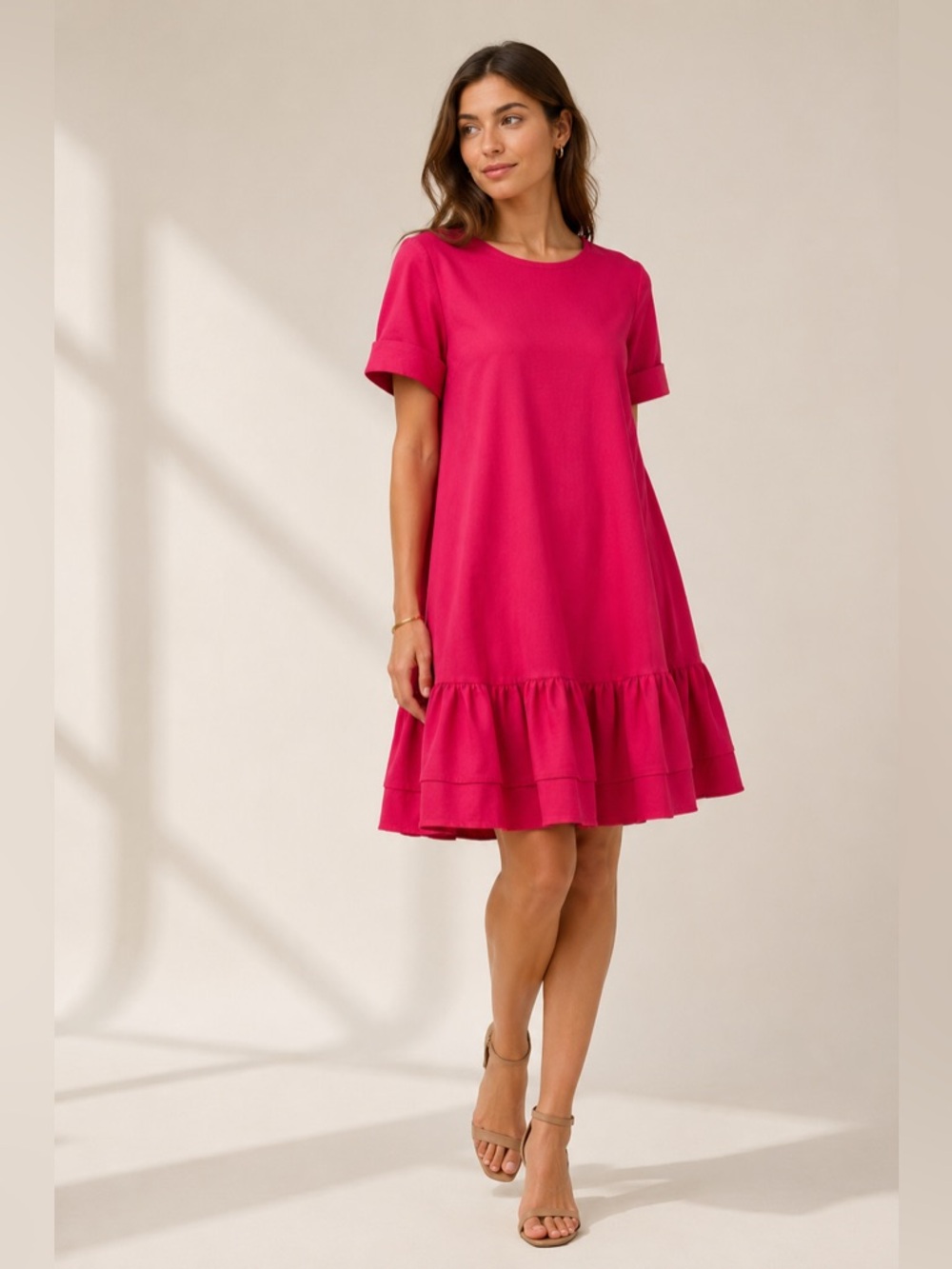 Weekend Max Mara Fuchsia Ruffled Short Sleeve Dress NEW